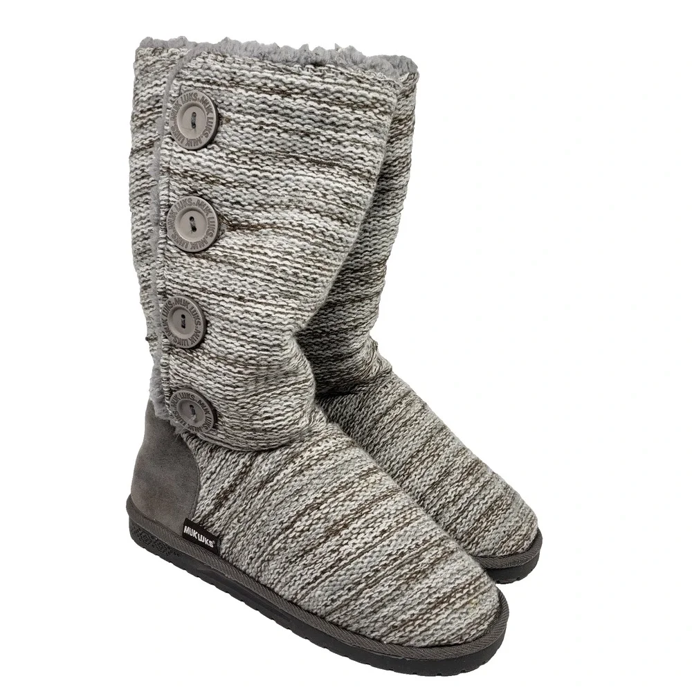 Muk Luks Liza Womens Size 9 Gray Knit Pull On Side Buttons Casual Slipper Boots